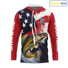 Load image into Gallery viewer, Personalized Walleye Fishing Jerseys, Custom American Flag Walleye Hooded Fishing Shirts Long Sleeve NHT488