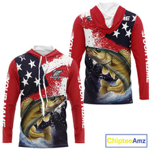 Load image into Gallery viewer, Personalized Walleye Fishing Jerseys, Custom American Flag Walleye Hooded Fishing Shirts Long Sleeve NHT488