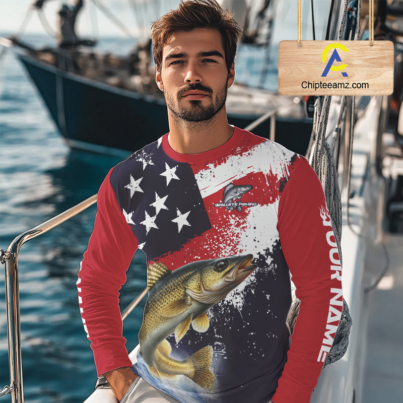Personalized Walleye Fishing Jerseys, Custom American Flag Walleye Fishing Shirts Long Sleeve NHT488