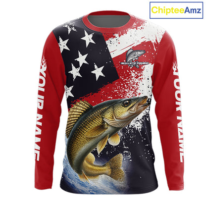 Personalized Walleye Fishing Jerseys, Custom American Flag Walleye Fishing Shirts Long Sleeve NHT488