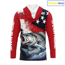 Load image into Gallery viewer, Personalized Striped Bass Fishing Jerseys, Custom American Flag Bass Hooded Fishing Shirts Long Sleeve NHT489