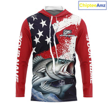Load image into Gallery viewer, Personalized Striped Bass Fishing Jerseys, Custom American Flag Bass Hooded Fishing Shirts Long Sleeve NHT489