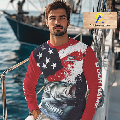 Personalized Striped Bass Fishing Jerseys, Custom American Flag Bass Fishing Shirts Long Sleeve NHT489