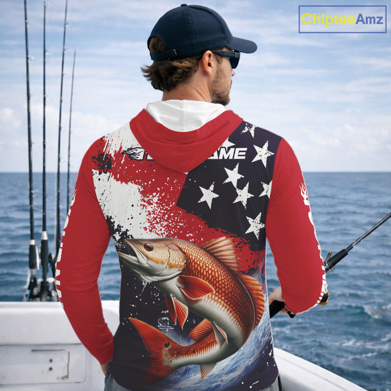 Personalized Redfish Fishing Jerseys, Custom American Flag Redfish Hooded Fishing Shirts Long Sleeve NHT490