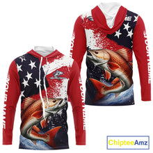 Load image into Gallery viewer, Personalized Redfish Fishing Jerseys, Custom American Flag Redfish Hooded Fishing Shirts Long Sleeve NHT490