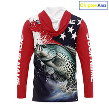 Load image into Gallery viewer, Personalized Crappie Fishing Jerseys, Custom American Flag Crappie Hooded Fishing Shirts Long Sleeve NHT491