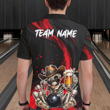 Load image into Gallery viewer, Person wearing a black bowling shirt with a skeleton design and 'Team Name' text at a bowling alley.