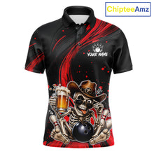 Load image into Gallery viewer, Funny Skeleton Cowboy Bowling Shirt, Personalized Red Color Beer Bowler Polo &amp; Quarter-Zip 