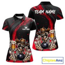 Load image into Gallery viewer, Funny Skeleton Cowboy Women Bowling Shirt, Personalized Red Color Beer Bowler Polo &amp; Quarter-Zip 