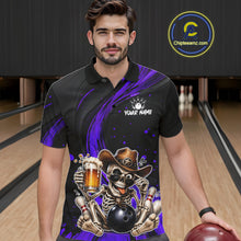 Load image into Gallery viewer, Man wearing a black and purple polo shirt with a skeleton design in a bowling alley.