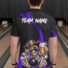 Load image into Gallery viewer, Person wearing a black bowling shirt with a skeleton design and 'Team Name' text in a bowling alley.