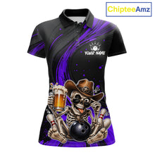 Load image into Gallery viewer, Funny Skeleton Cowboy Women Bowling Shirt, Personalized Purple Color Beer Bowler Polo &amp; Quarter-Zip 