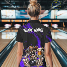 Load image into Gallery viewer, Person wearing a black and purple bowling shirt with a skeleton design in a bowling alley.