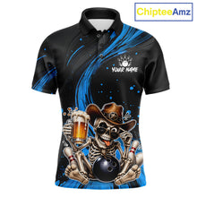 Load image into Gallery viewer, Funny Skeleton Cowboy Bowling Shirt, Personalized Blue Color Beer Bowler Polo &amp; Quarter-Zip 