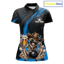 Load image into Gallery viewer, Funny Skeleton Cowboy Women Bowling Shirt, Personalized Blue Color Beer Bowler Polo &amp; Quarter-Zip 