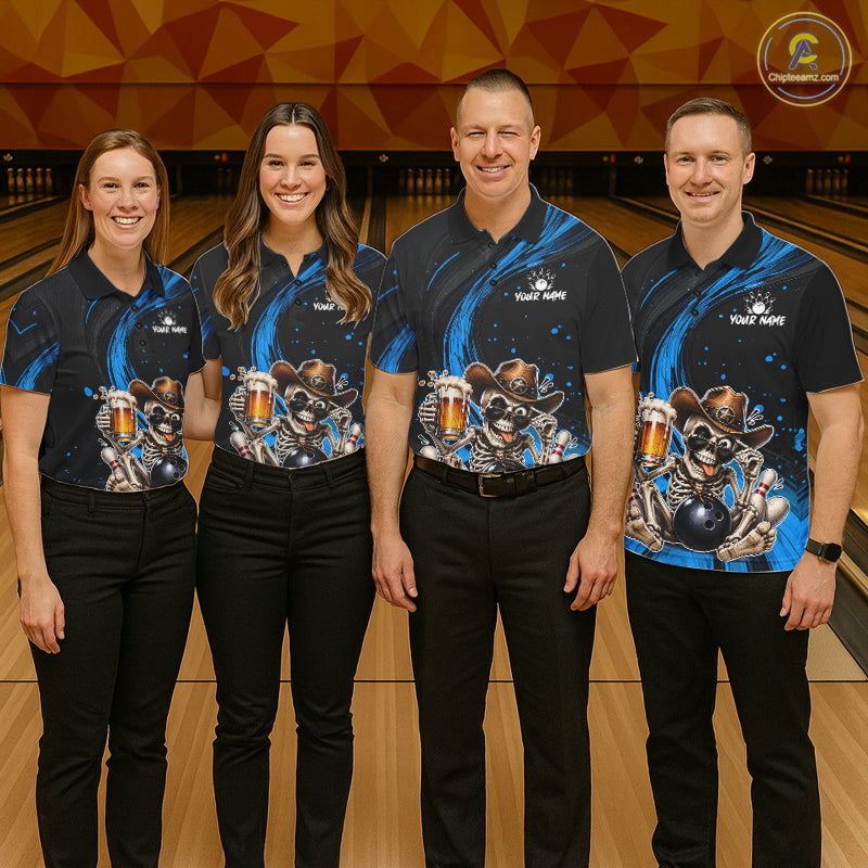 Funny Skeleton Cowboy Bowling Shirt, Personalized Blue Color Beer Bowler Polo & Quarter-Zip NHT1163
