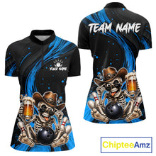 Load image into Gallery viewer, Funny Skeleton Cowboy Women Bowling Shirt, Personalized Blue Color Beer Bowler Polo &amp; Quarter-Zip 
