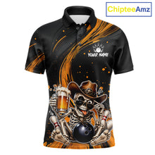 Load image into Gallery viewer, Funny Skeleton Cowboy Bowling Shirt, Personalized Yellow Color Beer Bowler Polo &amp; Quarter-Zip 