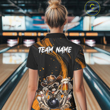 Load image into Gallery viewer, Person wearing a bowling shirt with a skeleton holding a beer and bowling ball design in a bowling alley.
