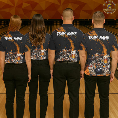Funny Skeleton Cowboy Women Bowling Shirt, Personalized Yellow Color Beer Bowler Polo & Quarter-Zip NHT1164