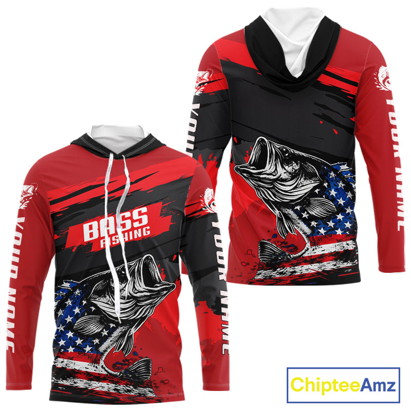 Bass American Flag Hooded Fishing Shirt Long Sleeve, Red Fishing Jersey For Fisherman NHT496