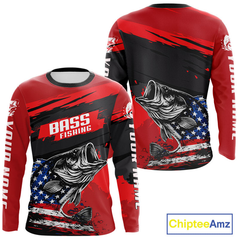 Bass American Flag  Fishing Shirt Long Sleeve, Red Fishing Jersey For Fisherman NHT496
