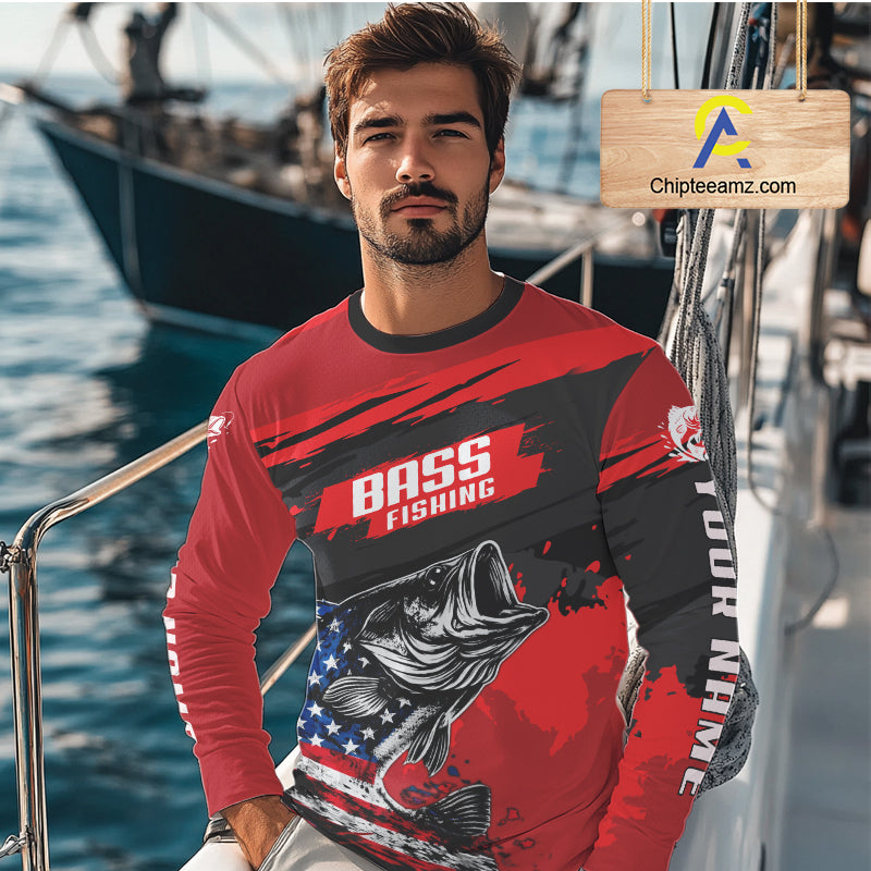 Bass American Flag  Fishing Shirt Long Sleeve, Red Fishing Jersey For Fisherman NHT496
