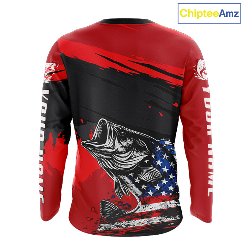 Bass American Flag  Fishing Shirt Long Sleeve, Red Fishing Jersey For Fisherman NHT496