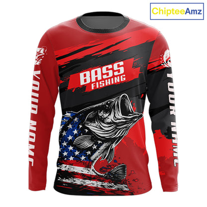 Bass American Flag  Fishing Shirt Long Sleeve, Red Fishing Jersey For Fisherman NHT496