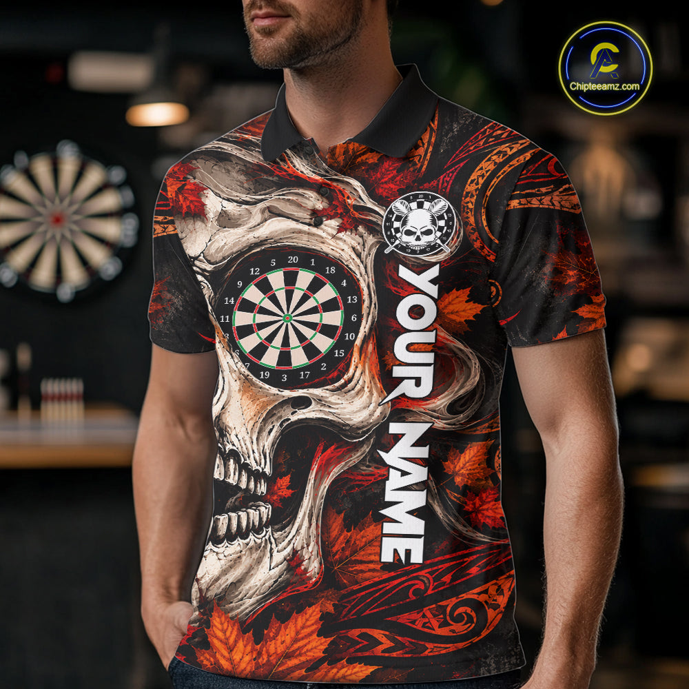 Autumn Skull Darts Polo Shirt For Men Custom Quarter Zip Fall Leaves Dart Board NHT1809