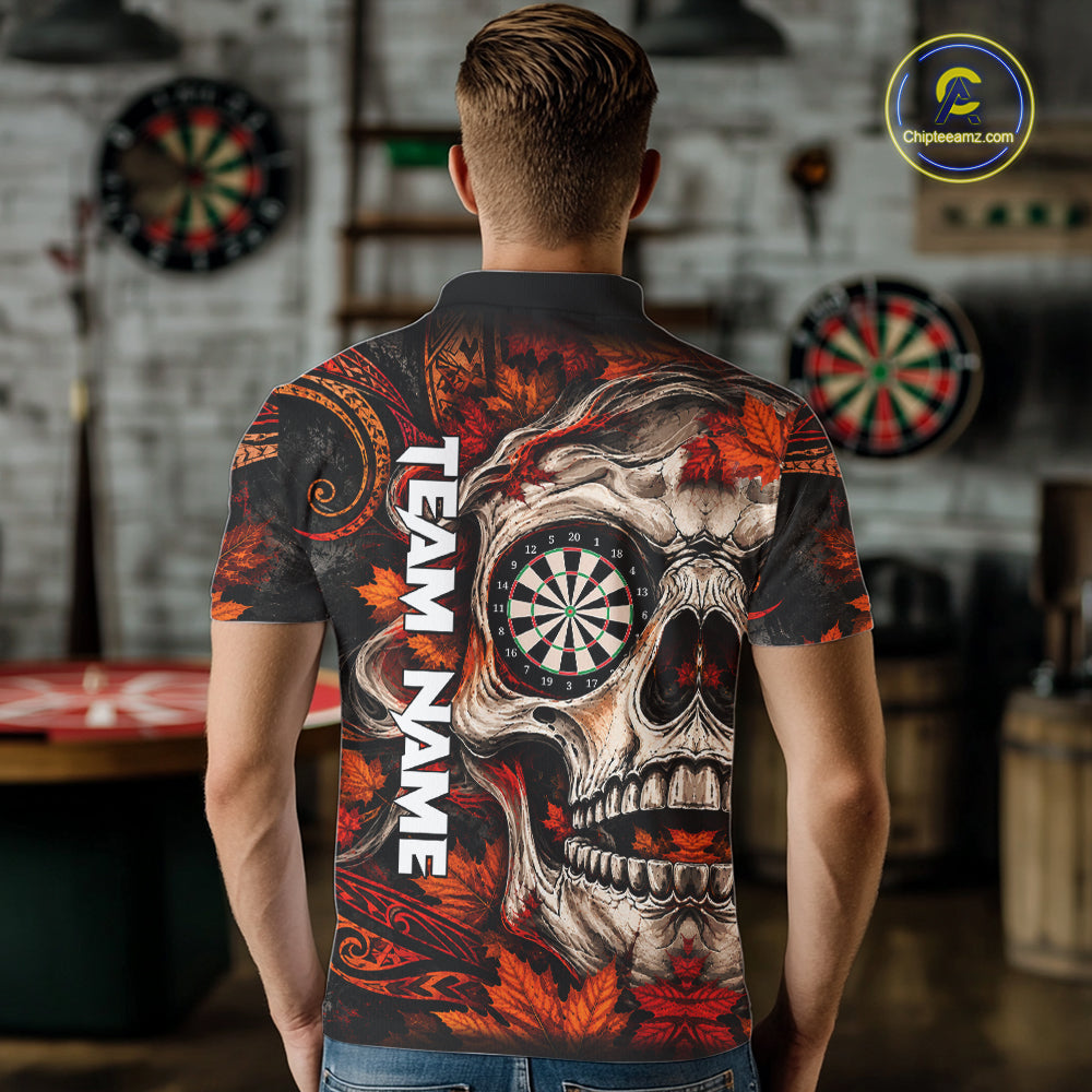 Autumn Skull Darts Polo Shirt For Men Custom Quarter Zip Fall Leaves Dart Board NHT1809