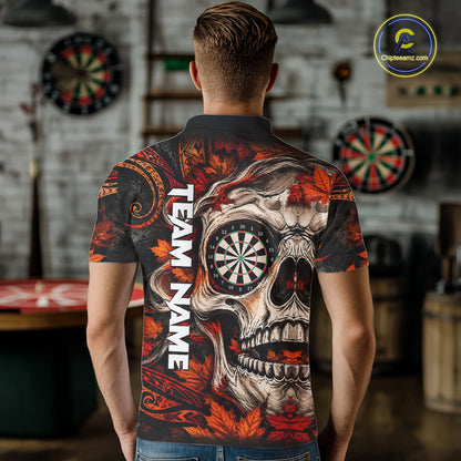 Autumn Skull Darts Polo Shirt For Men Custom Quarter Zip Fall Leaves Dart Board NHT1809