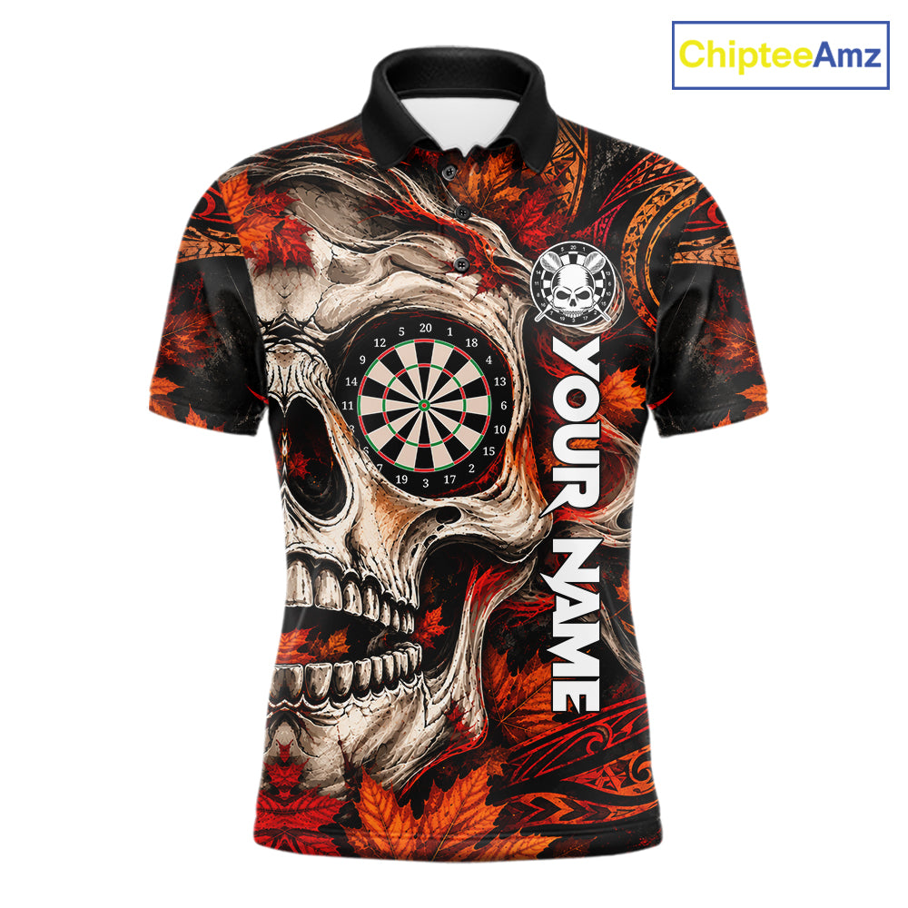 Autumn Skull Darts Polo Shirt For Men Custom Quarter Zip Fall Leaves Dart Board NHT1809
