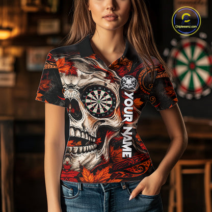 Autumn Skull Darts Polo Shirt For Women Custom Quarter Zip Fall Leaves Dart Board NHT1809