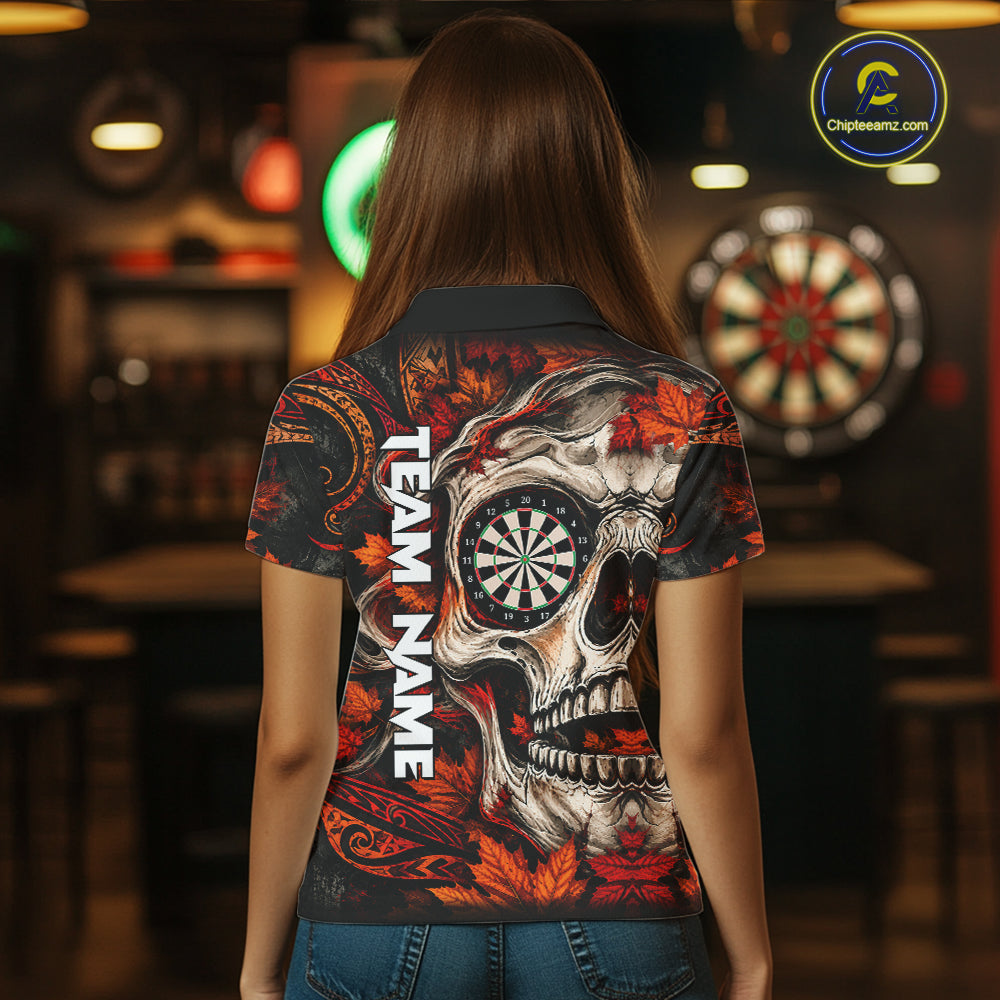Autumn Skull Darts Polo Shirt For Women Custom Quarter Zip Fall Leaves Dart Board NHT1809