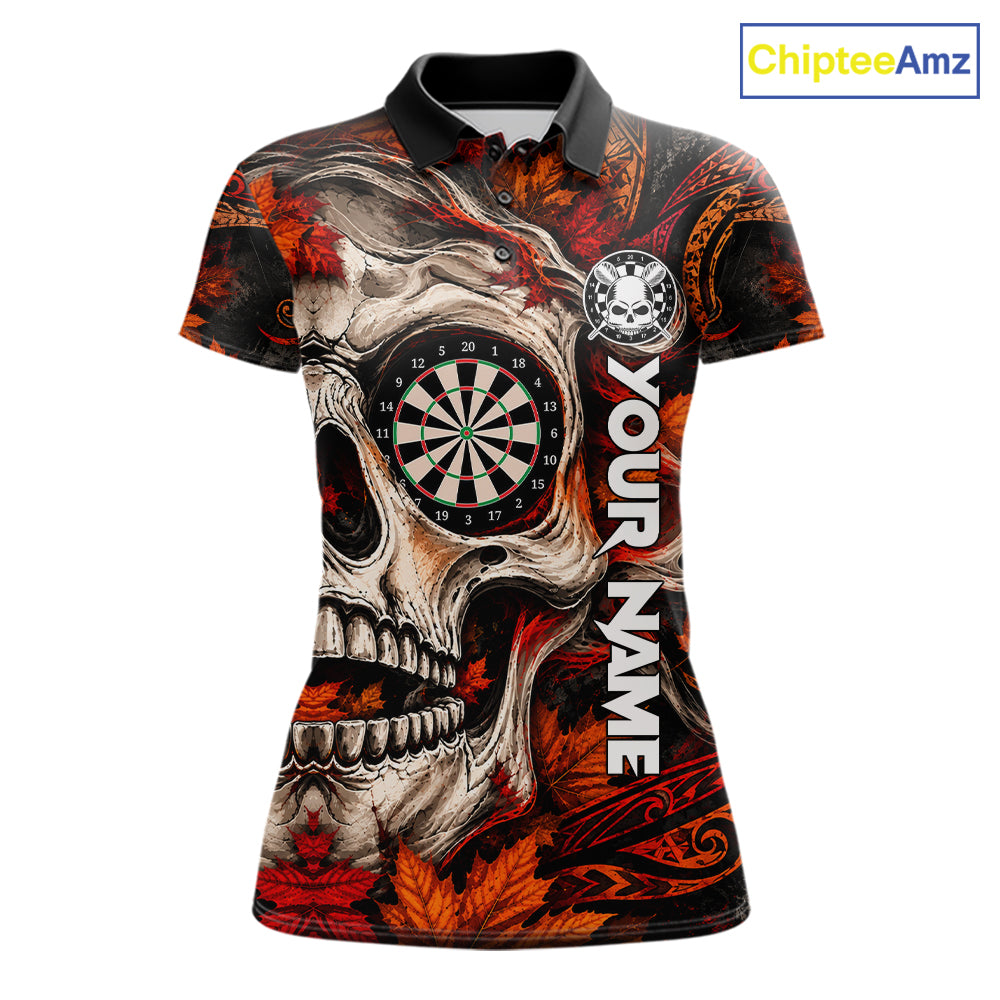 Autumn Skull Darts Polo Shirt For Women Custom Quarter Zip Fall Leaves Dart Board NHT1809