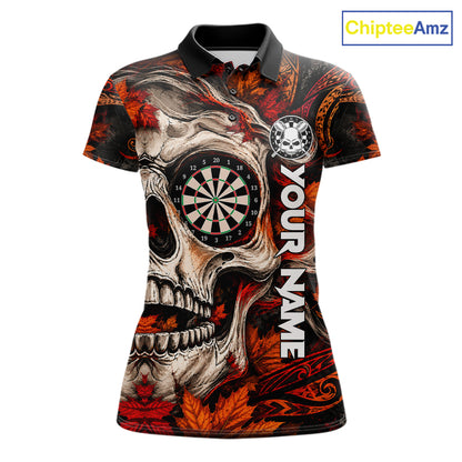 Autumn Skull Darts Polo Shirt For Women Custom Quarter Zip Fall Leaves Dart Board NHT1809