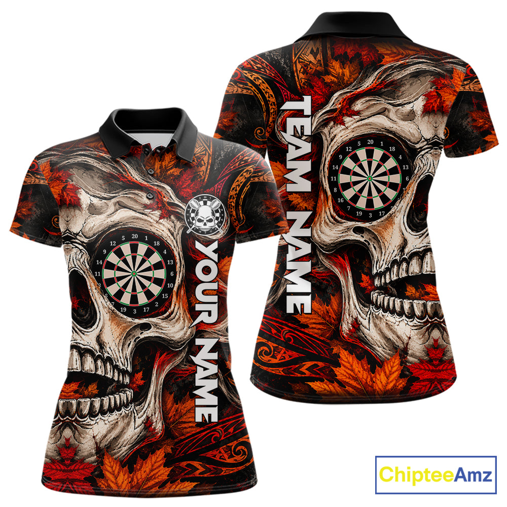 Autumn Skull Darts Polo Shirt For Women Custom Quarter Zip Fall Leaves Dart Board NHT1809