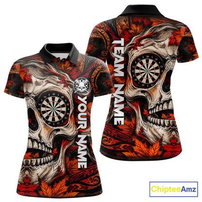 Autumn Skull Darts Polo Shirt For Women Custom Quarter Zip Fall Leaves Dart Board NHT1809