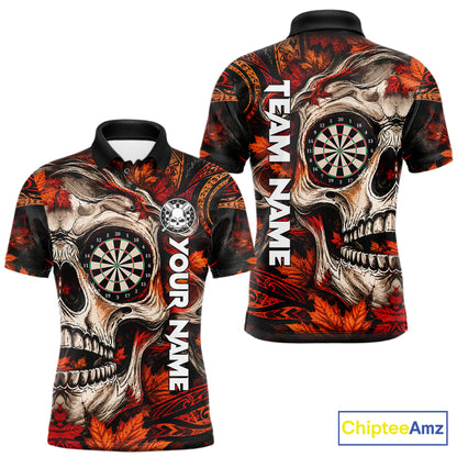 Autumn Skull Darts Polo Shirt For Men Custom Quarter Zip Fall Leaves Dart Board NHT1809
