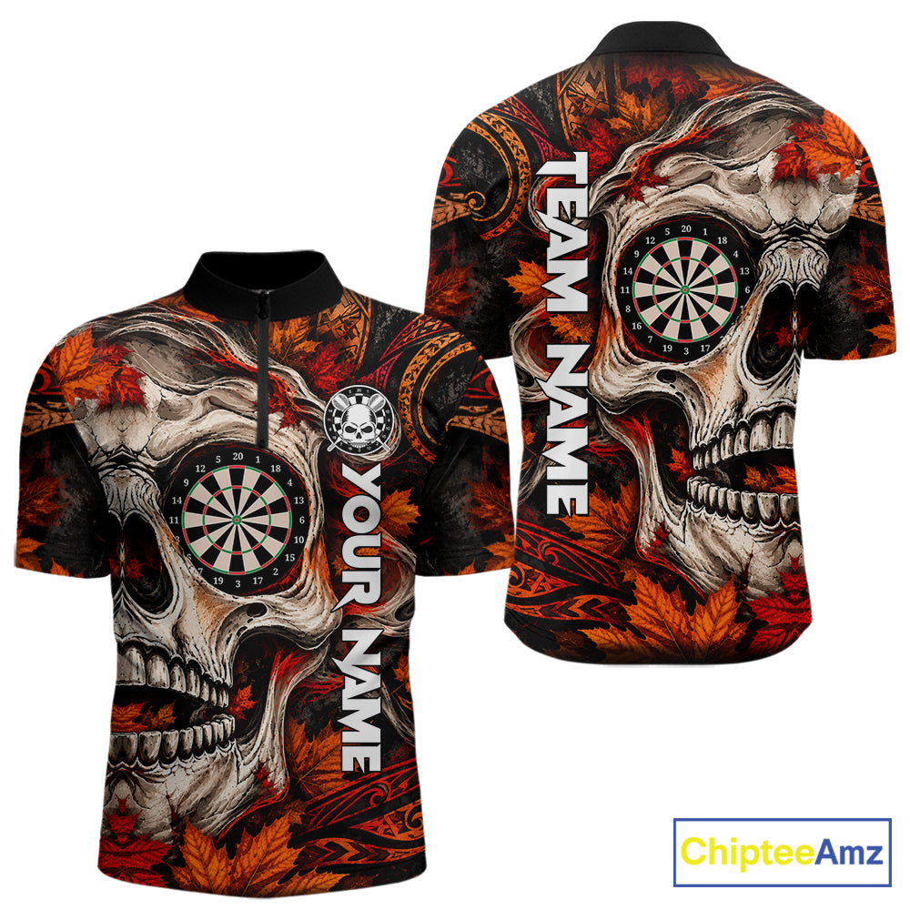 Autumn Skull Darts Polo Shirt For Men Custom Quarter Zip Fall Leaves Dart Board NHT1809