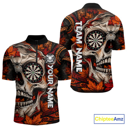 Autumn Skull Darts Polo Shirt For Men Custom Quarter Zip Fall Leaves Dart Board NHT1809