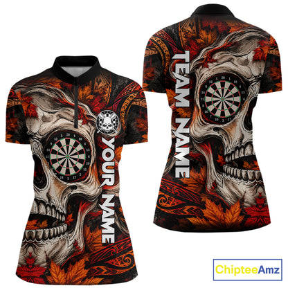 Autumn Skull Darts Polo Shirt For Women Custom Quarter Zip Fall Leaves Dart Board NHT1809
