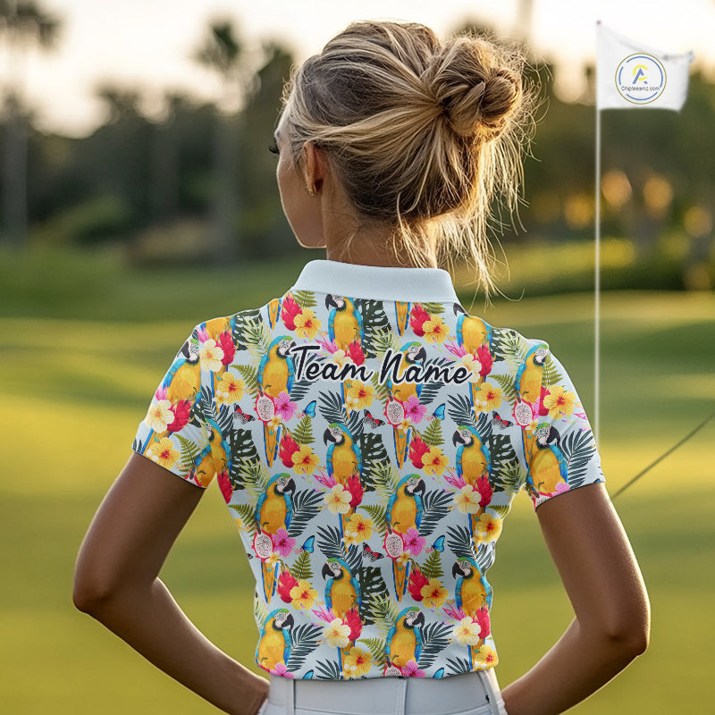 Funny Tropical Parrot Womens Golf Polo Shirt – Custom Name Shirt For Womens, Summer Beach Vacation Outfit NHT858