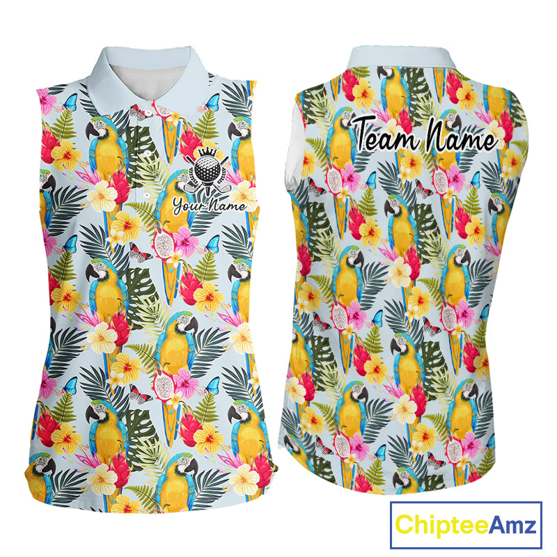 Funny Tropical Parrot Sleeveless Women Golf Polo Shirt – Custom Name Shirt For Womens, Summer Beach Vacation Outfit NHT858