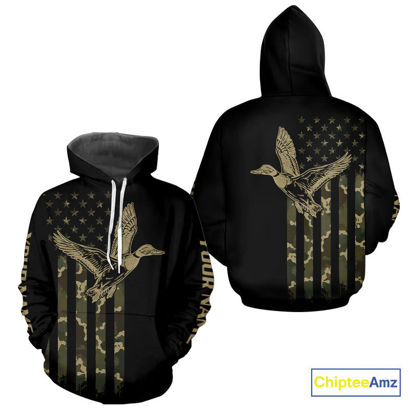 Black Duck Hunting Shirt With Design American Flag , Duck Hunter Camo Shirt For Men, Hunting Gift NHT1476