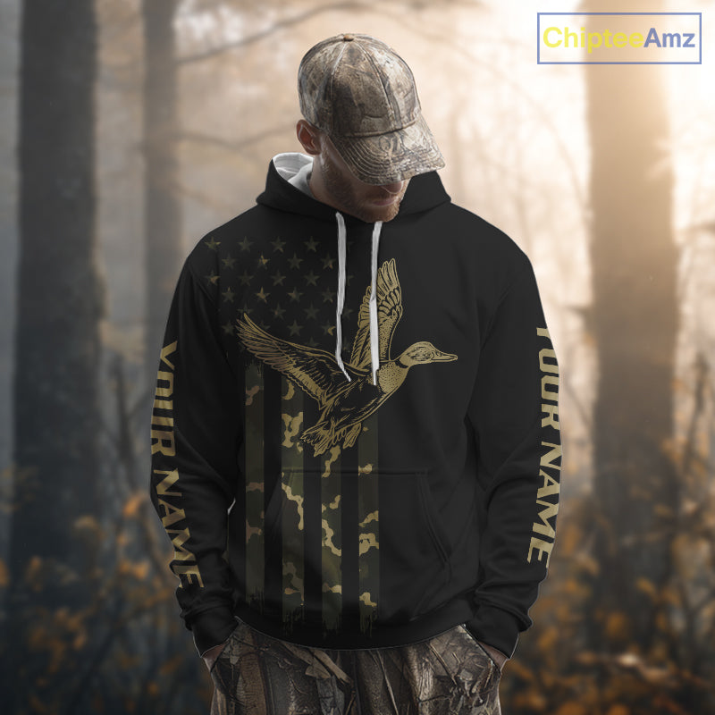 Black Duck Hunting Shirt With Design American Flag , Duck Hunter Camo Shirt For Men, Hunting Gift NHT1476