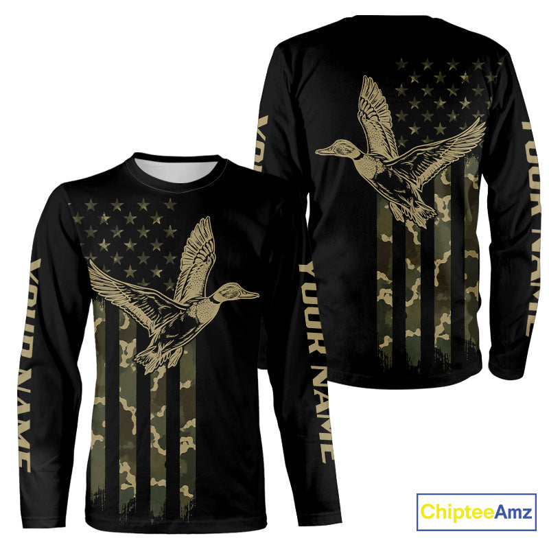 Black Duck Hunting Shirt With Design American Flag , Duck Hunter Camo Shirt For Men, Hunting Gift NHT1476