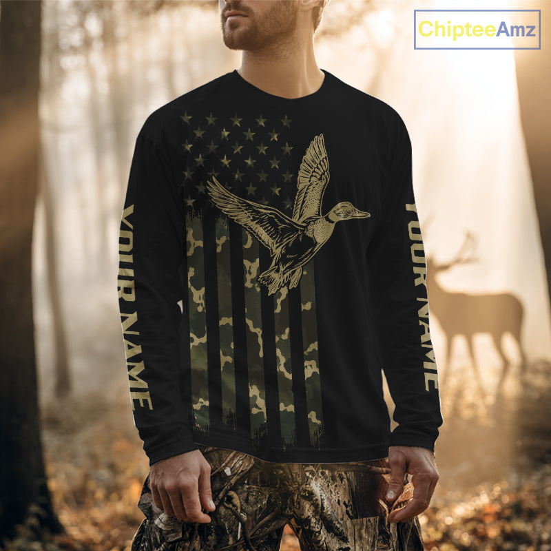 Black Duck Hunting Shirt With Design American Flag , Duck Hunter Camo Shirt For Men, Hunting Gift NHT1476