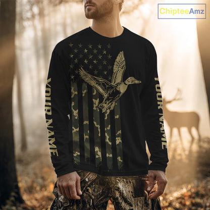 Black Duck Hunting Shirt With Design American Flag , Duck Hunter Camo Shirt For Men, Hunting Gift NHT1476